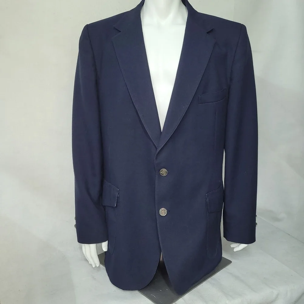 Johnny Carson Men Navy Blue Blazer Sport Coat 44L Vintage Made In USA *Flaw